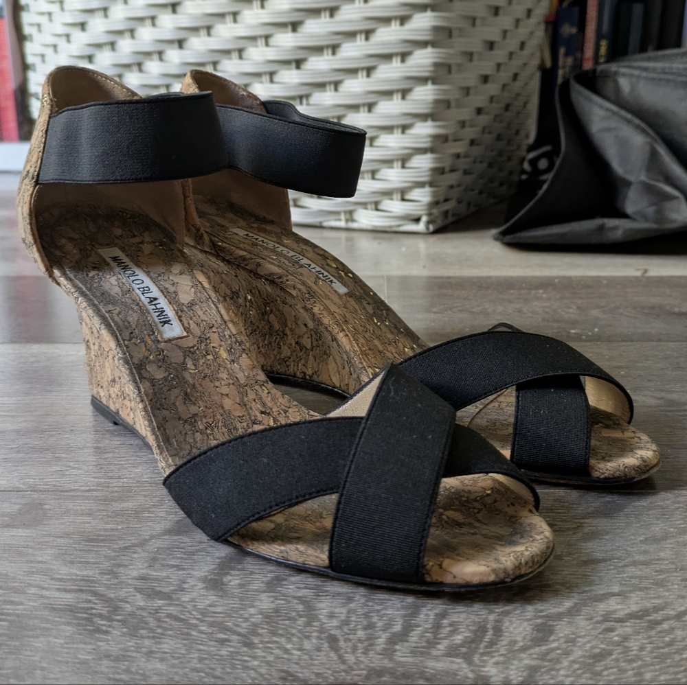 Manolo Blahnik Women's Black and Tan Wedge Sandals